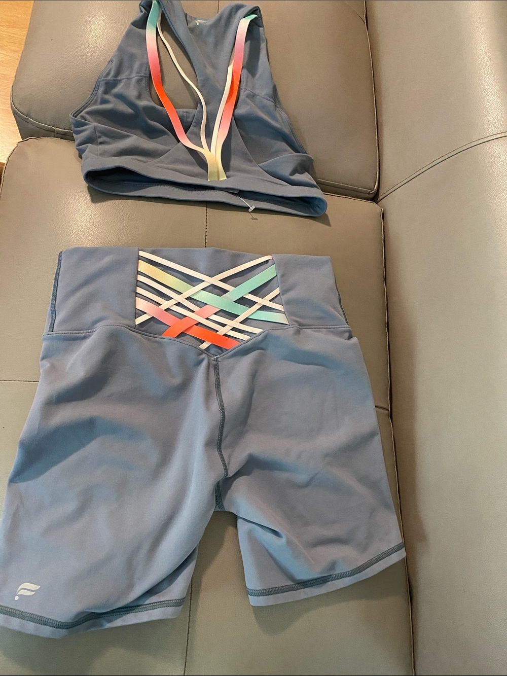 Fabletics Blue Active Shorts & Crop Top with Multicolor Straps